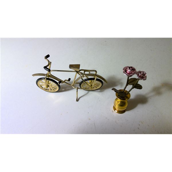 Brass Bicycle Miniature and Brass roses in vase