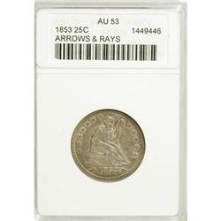 1853 25C Arrows and Rays AU53 ANACS