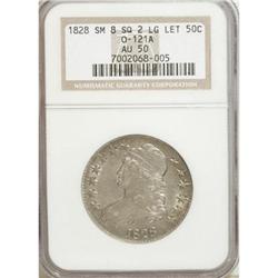 1828 50C Square Base 2, Small 8, Large Letters AU50 NG