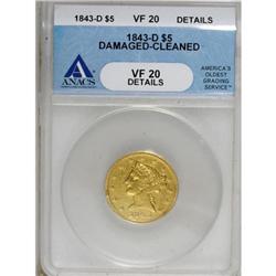 1843-D $5 Medium D VF20 ANACS