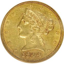 1844 $5 AU55 NGC