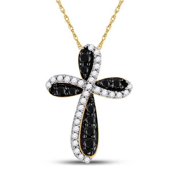 Round Black Color Enhanced Diamond Cross Pendant 1 Cttw 10KT Yellow Gold
