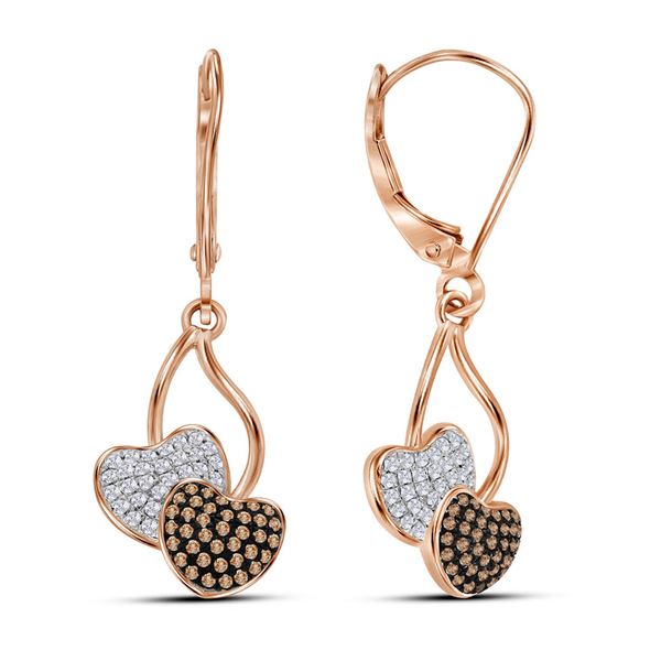 Round Red Color Enhanced Diamond Heart Dangle Earrings 1/3 Cttw 10KT Rose Gold
