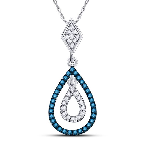 Round Blue Color Enhanced Diamond Teardrop Pendant 1/5 Cttw 10KT White Gold