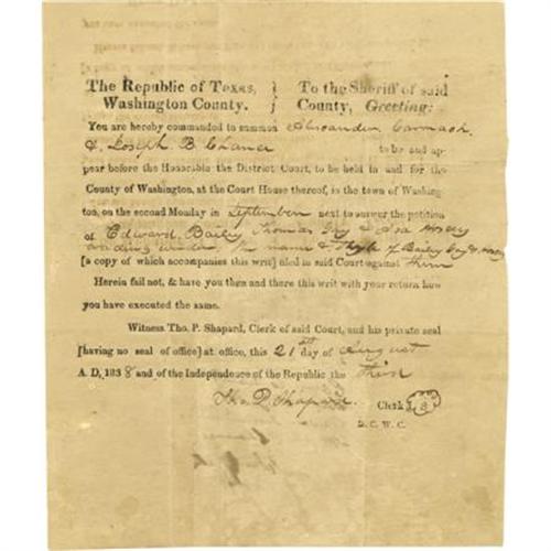 1838 Washington County District Court Summons 1838 Washington County District Court Summons