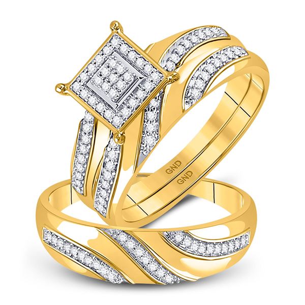 His Hers Diamond Cluster Matching Wedding Set 1/4 Cttw 10kt Yellow Gold