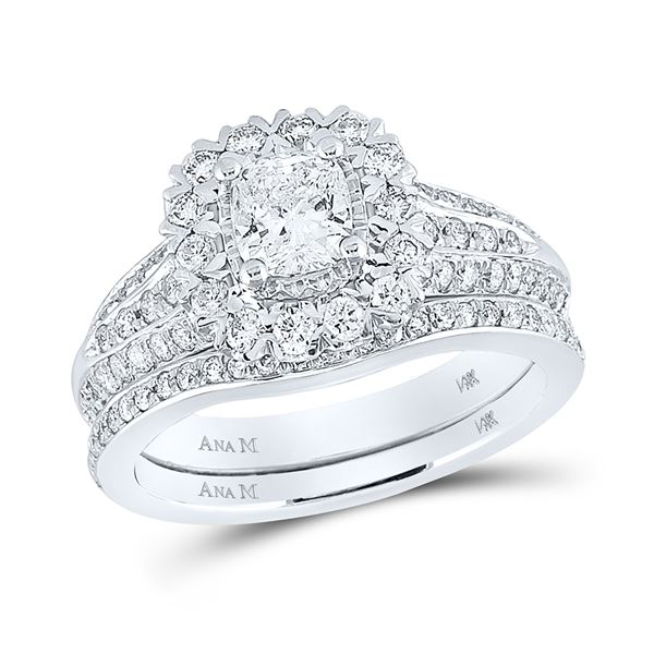 Cushion Diamond Bridal Wedding Ring Band Set 1-1/2 Cttw 14kt White Gold