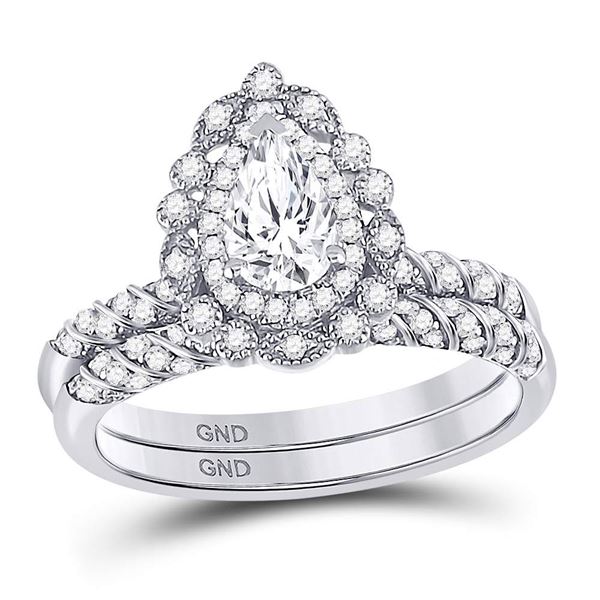 Pear Diamond Milgrain Bridal Wedding Ring Band Set 1-1/3 Cttw 14kt White Gold