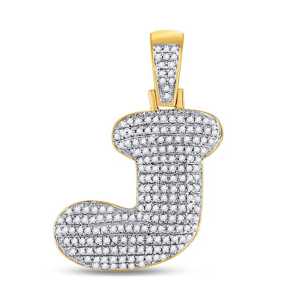 Mens Diamond Bubble J Letter Charm Pendant 5/8 Cttw 10kt Yellow Gold
