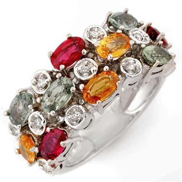4.20 ctw Multi-Sapphire & Diamond Ring 10k White Gold - REF-40F2M