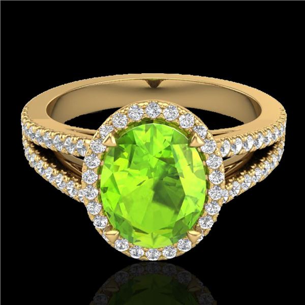 3 ctw Peridot & Micro VS/SI Diamond Halo Solitaire Ring 18k Yellow Gold - REF-55M9G
