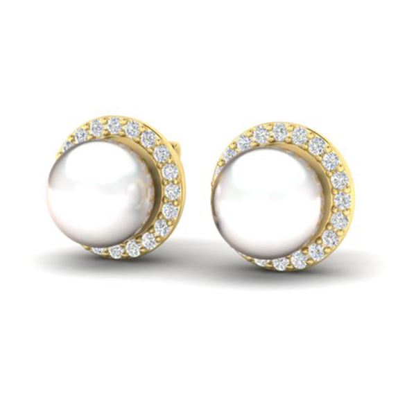 0.50 ctw Micro Pave VS/SI Diamond & Pearl Earrings 18k Yellow Gold - REF-46G5W