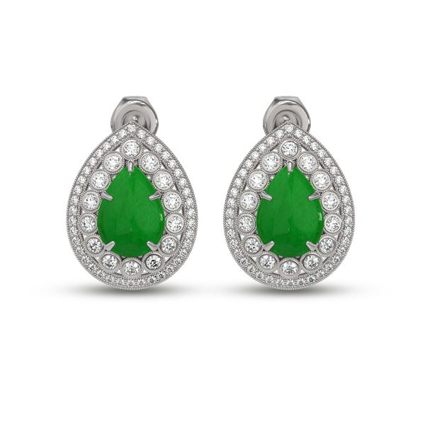 7.74 ctw Jade & Diamond Victorian Earrings 14K White Gold - REF-218H2R