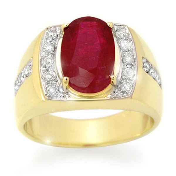 6.33 ctw Ruby & Diamond Men's Ring 10k Yellow Gold - REF-109G3W
