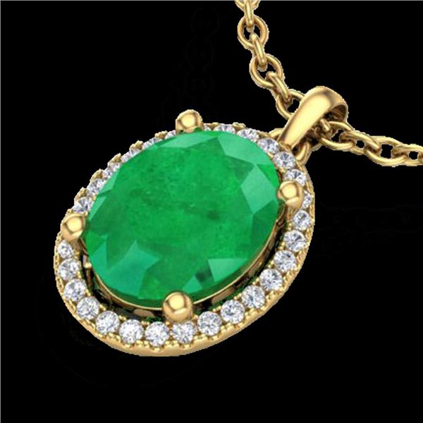3 ctw Emerald & Micro Pave VS/SI Diamond Necklace 18k Yellow Gold - REF-51X4A