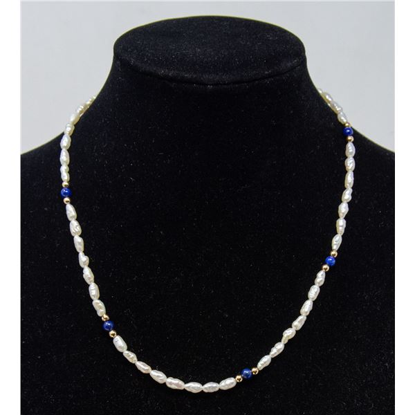 FRESHWATER PEARL NECKLACE WITH BLUE STONES AND