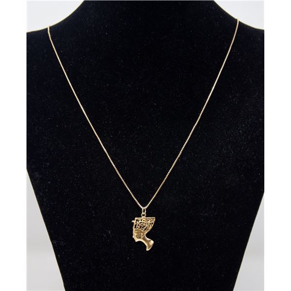 10K GOLD BOX LINK NECKLACE WITH NEFERTITI PENDANT