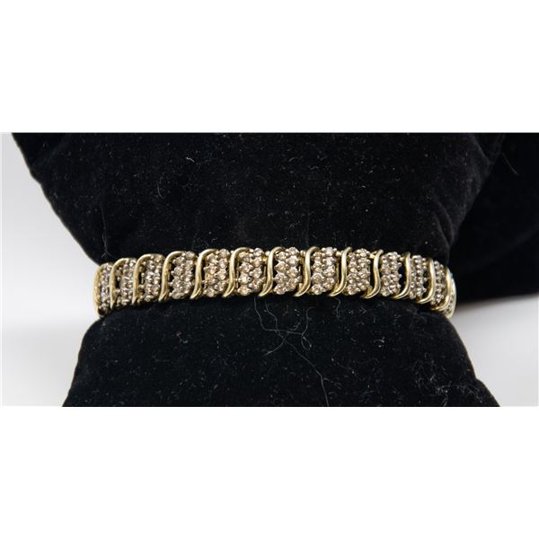 10K YELLOW GOLD TENNIS BRACELET WITH CLEAR STONES,