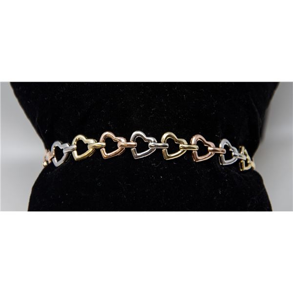 10K TRI-GOLD LINKED HEART BRACELET, APPROX. 7"