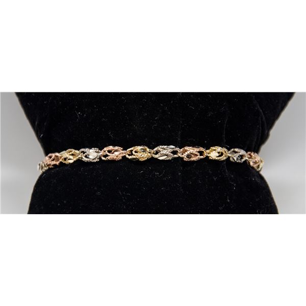 10K TRI-GOLD ORNATE BEAD BRACELET, APPROX. 7"