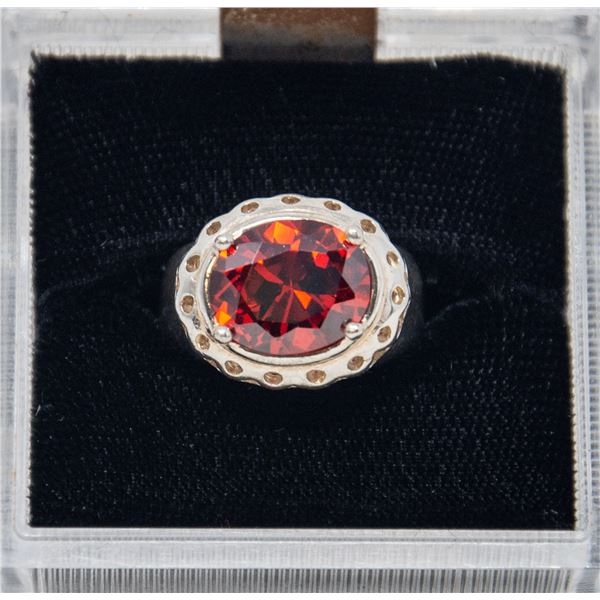 SILVER RING, RED STONE, APPROX SIZE 7