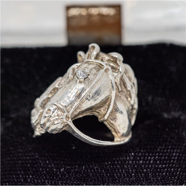SILVER RING WITH HORSE HEAD, CLEAR STONE, APPROX.