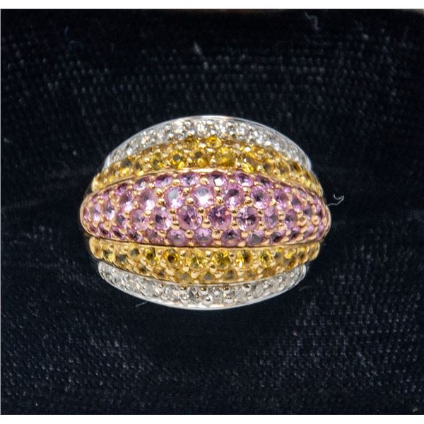 18K TRI-GOLD RING WITH MULTICOLORED STONES,