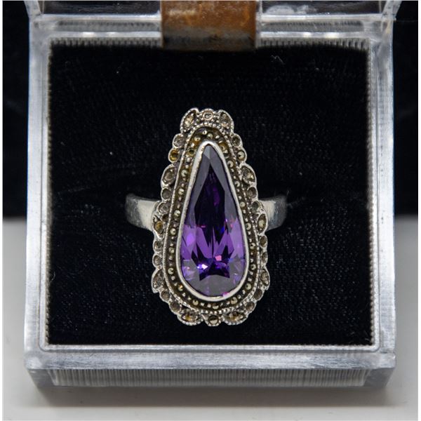 SILVER RING, TEARDROP VIOLET STONE, APPROX. SIZE