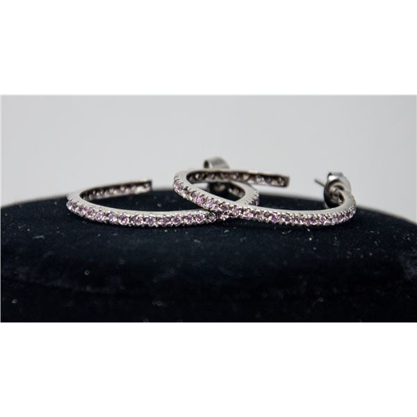 SILVER HOOP EARRINGS WITH SMALL STONES, 1" CIRC