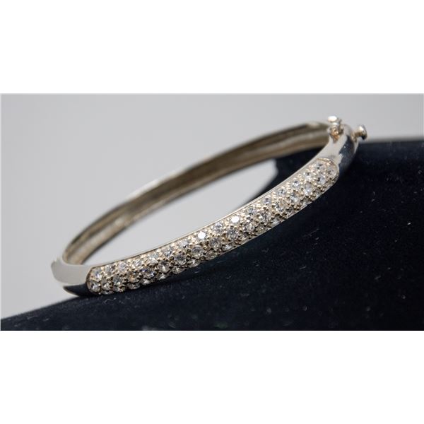 SILVER BANGLE WITH CLEAR STONES, 6.5"  WITH
