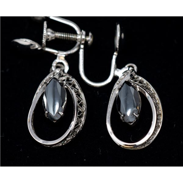 STERLING SILVER SCREW-ON EARRINGS, BLACK STONE