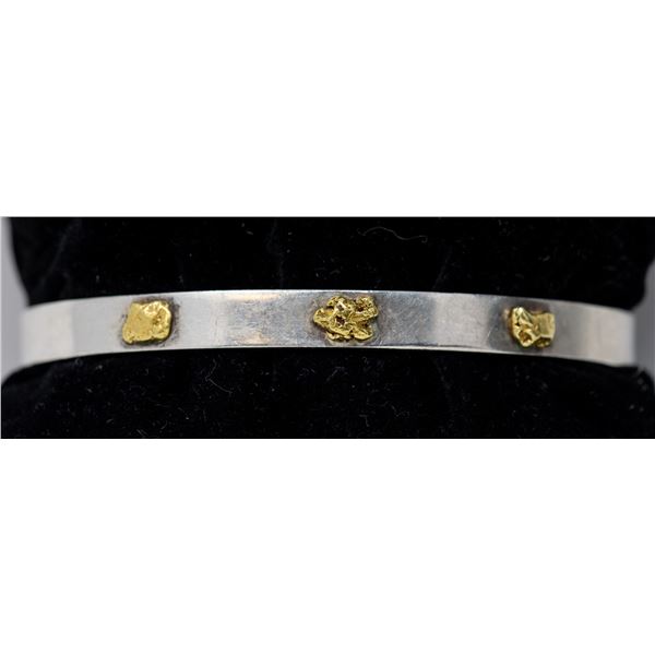 SILVER BANGLE WITH 3 GOLD TONE NUGGETS