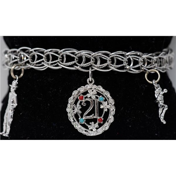 STERLING SILVER CHARM BRACELET WITH 3 CHARMS,