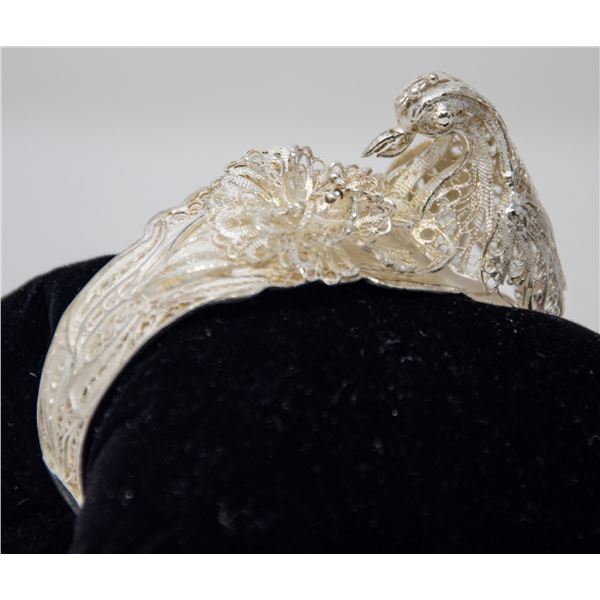 SILVER BANGLE WITH PHEASANT, 6.5". EXPANDABLE