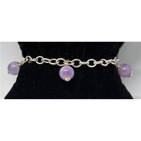 SILVER CHAIN BRACELET WITH MAUVE BALLS 7"
