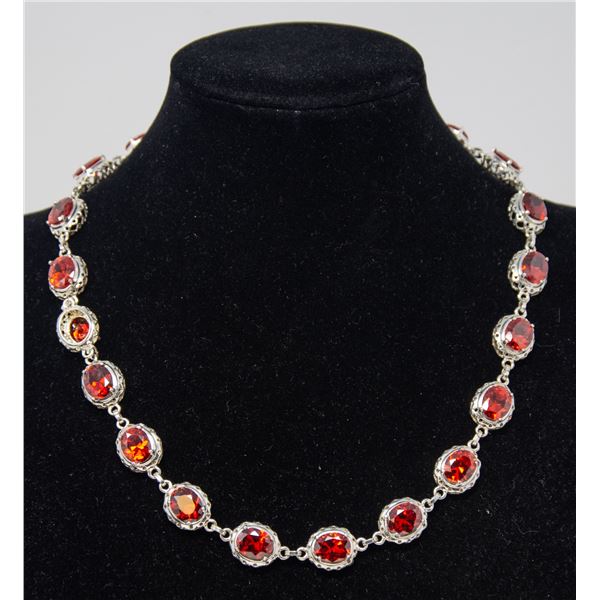 SILVER NECKLACE WITH 21 ORANGE STONES, 18"
