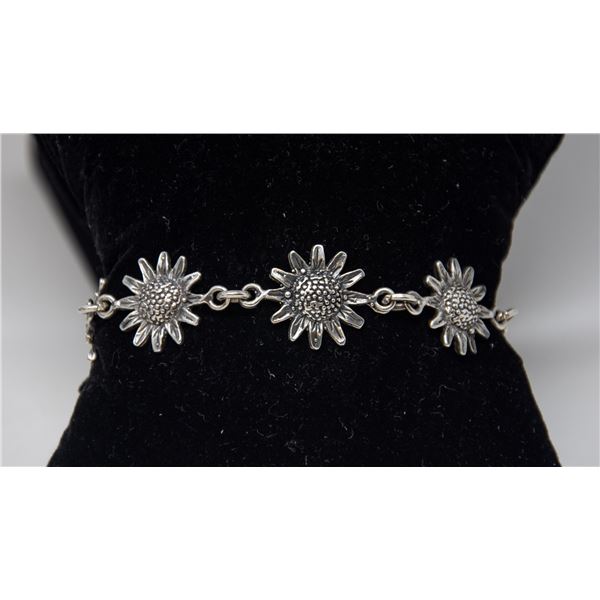 SILVER SUNFLOWER LINK BRACELET, 8"
