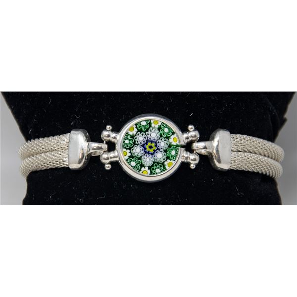 SILVER BRACELET WITH FLORAL GLASS MEDALLION  8"