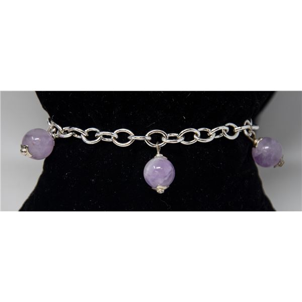 SILVER CHAIN BRACELET WITH MAUVE BALLS 7"