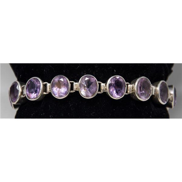 SILVER BRACELET WITH VIOLET STONES, 7.75"