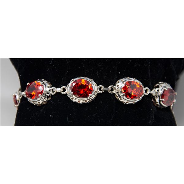 SILVER BRACELET WITH RED STONES, 7", LOBSTER CLAW