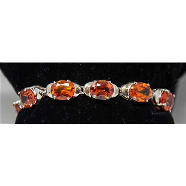 SILVER BRACELET WITH ORANGE STONES, 6.75"