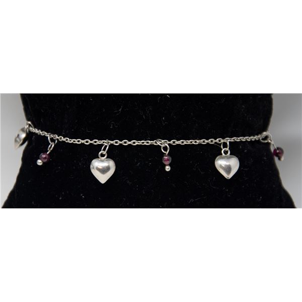 SILVER BRACELET WITH HEARTS AND PURPLE STONES 7"