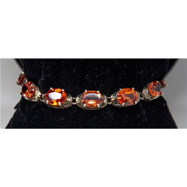 SILVER BRACELET WITH LARGE ORANGE STONES, 7"