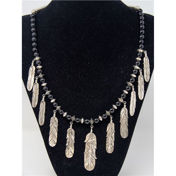 STERLING SILVER NECKLACE WITH BLACK BEADS AND