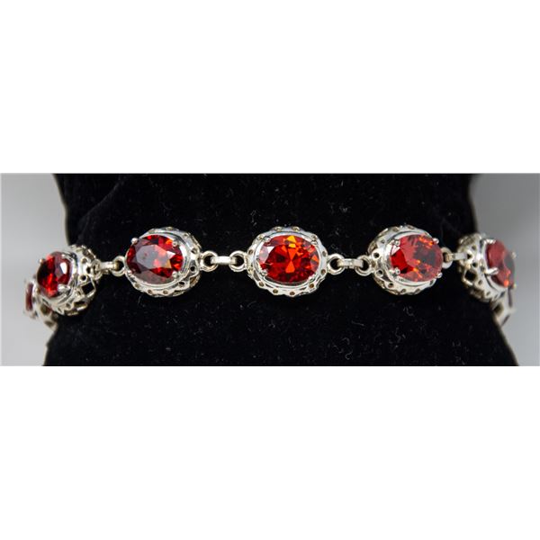 SILVER BRACELET WITH 10 ORANGE STONES, 8.75"