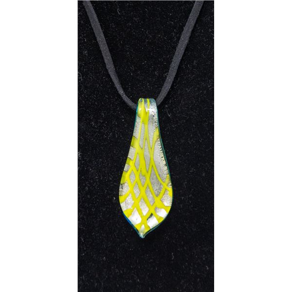 MURANO GLASS PENDANT, SILVER WITH GREEN PATTERN,