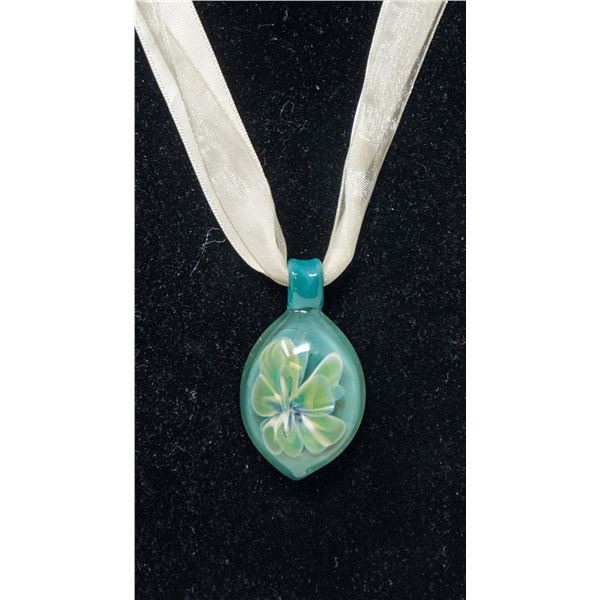 MURANO GLASS PENDANT, GREEN WITH BLOWN FLOWER,