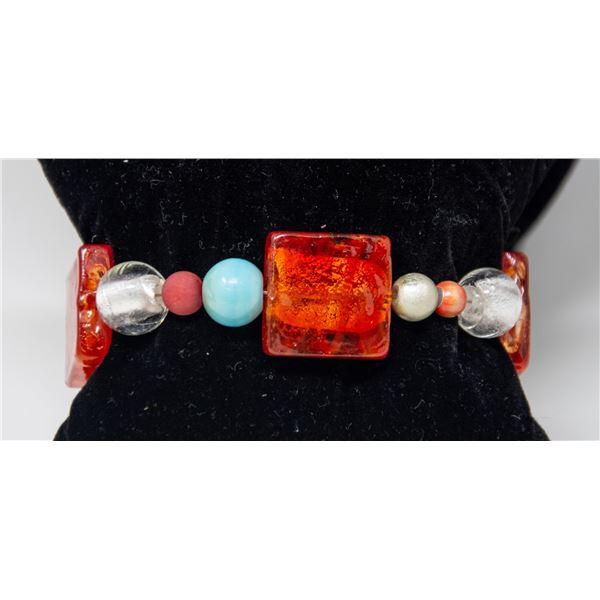 MURANO GLASS BRACELET, RED SQUARE BEADS AND