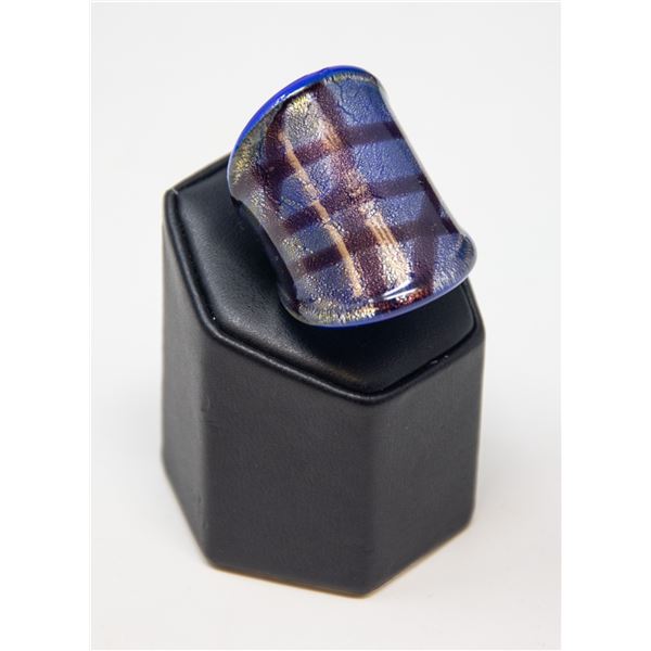 MURANO GLASS RING, BLUE WITH METALLIC HIGHLIGHTS &